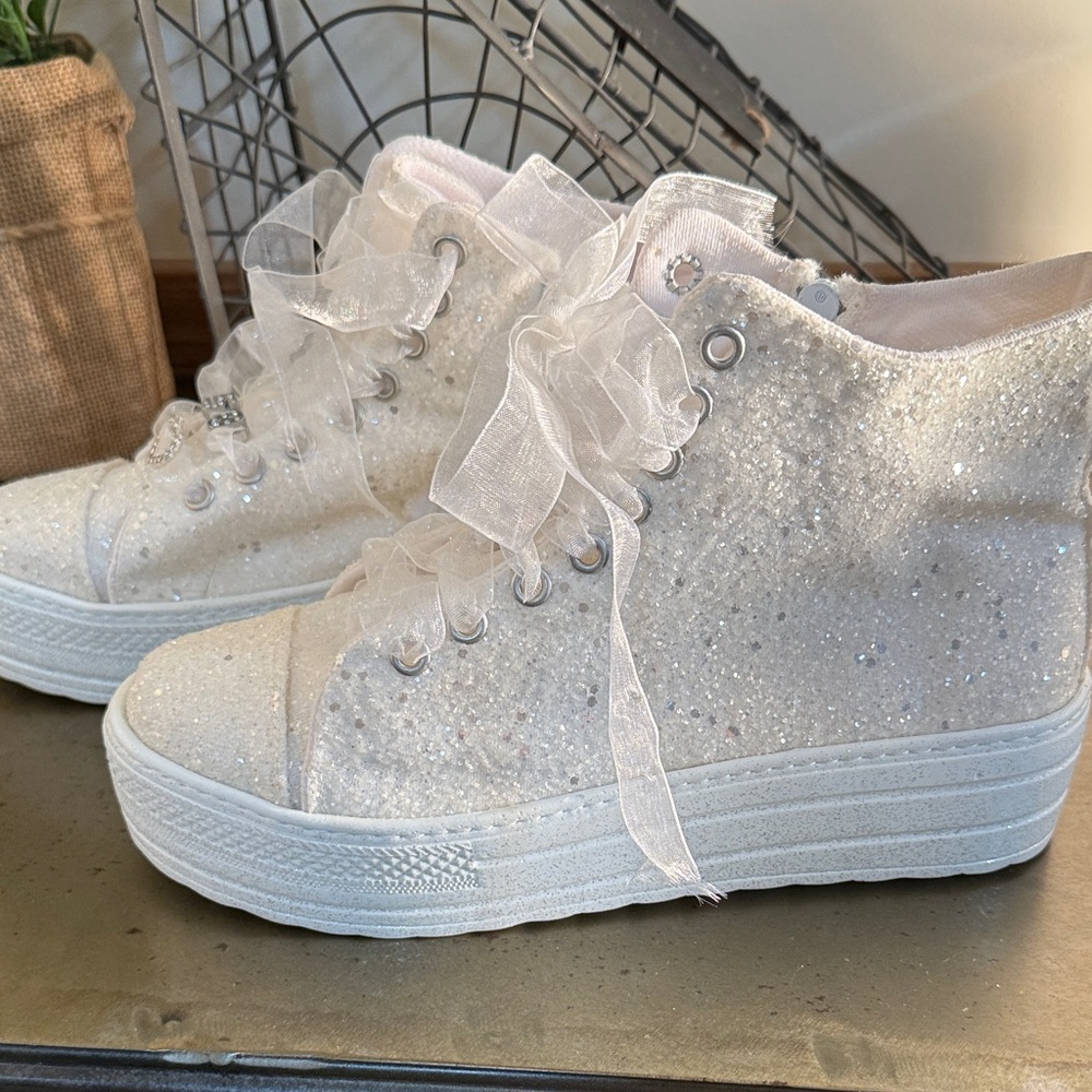 White Glitter High-Top Sneakers
